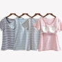 Áo thun nữ tay ngắn mùa hè với miếng đệm ngực có thể mặc bên ngoài ly một chiếc áo cotton mỏng mảnh đồ ngủ tại nhà - Pyjama đồ ngủ nam