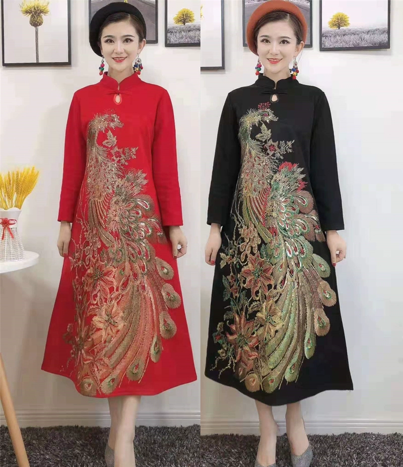 Phong cách Trung Quốc váy dài thêu hoa phượng năm 2021 mùa xuân và mùa thu phong cách dân tộc váy dài rộng rãi của phụ nữ cộng với áo khoác nhung - Váy dài