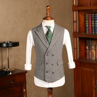 IsirHonour retro quý ông houndstooth quilt cổ áo len mỏng vest đôi ngực Anh nam - Dệt kim Vest len dệt kim