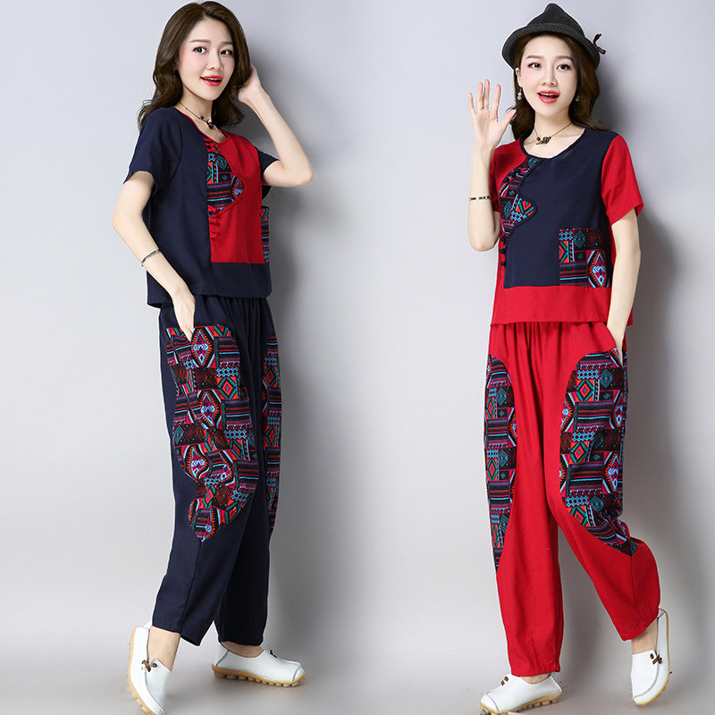 民族风两件套棉麻大码女装2018新款盘扣拼接休闲短袖长裤时尚套装