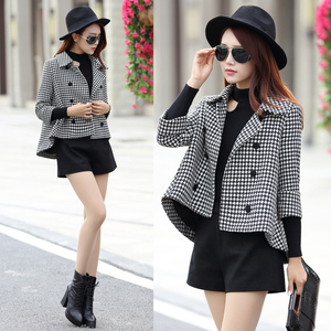 2018 mùa xuân và mùa thu mới houndstooth cloak ngắn áo len nữ đôi ngực áo sơ mi ngắn