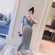 Thai sản mặc 2018 mùa hè ăn mặc mới V-Cổ điểm sóng tie eo thời trang phụ nữ mang thai hot mom dài dresses