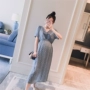 Thai sản mặc 2018 mùa hè ăn mặc mới V-Cổ điểm sóng tie eo thời trang phụ nữ mang thai hot mom dài dresses quần áo bầu đẹp