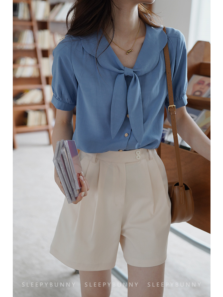 BlueSleepy rabbit Rabbit ears Age reduction Doll Collar shirt female summer solar system student Sweet soft easy Short sleeve jacket