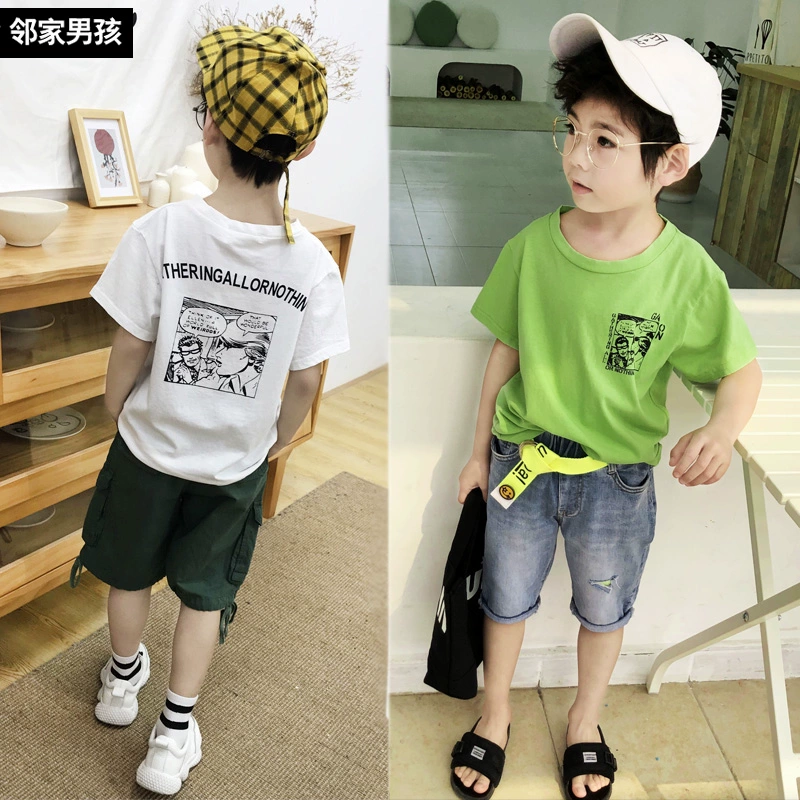 Áo thun bé trai ngắn tay hè 2019 Quần áo trẻ em Hàn Quốc trẻ em trẻ em lớn áo thun cotton mùa hè - Áo thun