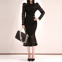 Осенняя длинная юбка, кружевное платье с рукавами, 2020, в корейском стиле, средней длины, крой «рыбий хвост», с акцентом на бедрах, облегающий крой, длинный рукав
