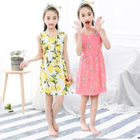 Công chúa nightdress cô gái mùa hè bông đầm cáp treo dính liền phần dài lớn trẻ em bông lụa bé mỏng đồ ngủ quần áo trẻ con