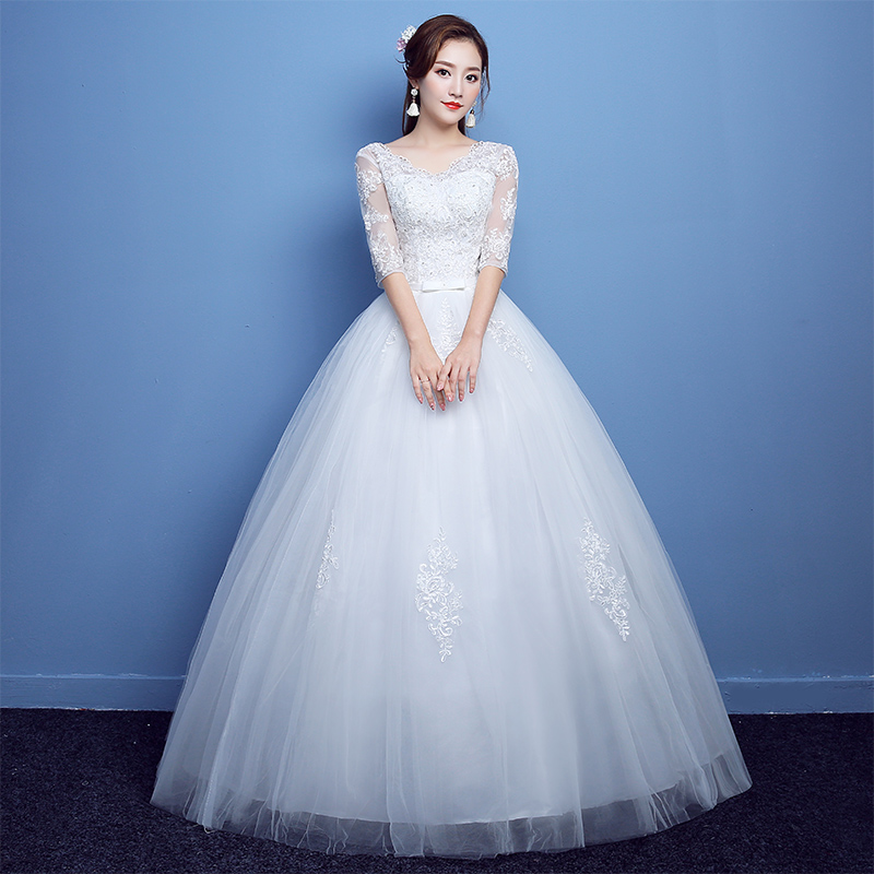 Wedding dress for bride, 2019, Korean style, open shoulders, plus size, fitted, worn on the shoulder, long sleeve