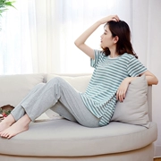 Đồ ngủ của Phụ Nữ Mùa Hè Bông Ngắn Tay Áo Quần Mùa Hè Mỏng Cao Cổ Nhật Bản Sọc Tươi Cotton Lỏng Dịch Vụ Nhà Bộ
