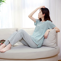 Đồ ngủ của Phụ Nữ Mùa Hè Bông Ngắn Tay Áo Quần Mùa Hè Mỏng Cao Cổ Nhật Bản Sọc Tươi Cotton Lỏng Dịch Vụ Nhà Bộ pijama ngắn tay