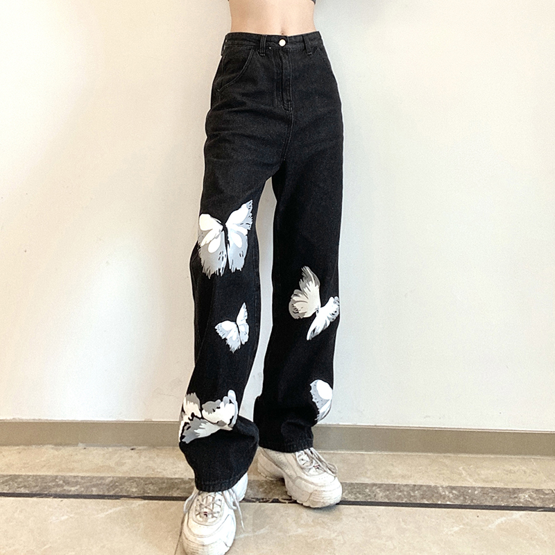 BlackBig size Fat mm spring and autumn European station butterfly printing High waist easy Show thin Straight tube Jeans female Harlan trousers winter