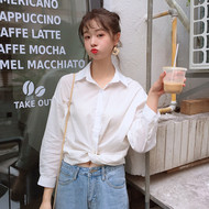 2018 mùa thu Hàn Quốc phiên bản của chic lỏng giản dị bạn trai gió đơn giản đơn ngực eo thắt nút dài tay áo sơ mi trắng áo sơ mi trắng nữ form rộng