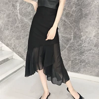 Retro Hàn Quốc phiên bản của chic cao eo giảm béo khâu không thường xuyên đuôi cá váy đen dài tính khí hoang dã váy chân váy ôm ngắn