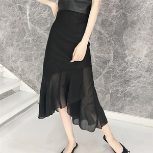 Retro Hàn Quốc phiên bản của chic cao eo giảm béo khâu không thường xuyên đuôi cá váy đen dài tính khí hoang dã váy