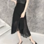 Retro Hàn Quốc phiên bản của chic cao eo giảm béo khâu không thường xuyên đuôi cá váy đen dài tính khí hoang dã váy chân váy ôm ngắn