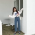 2018 mới của Hàn Quốc phiên bản của retro cũ đa túi cao eo rách cạnh jeans loose hoang dã chín điểm quần chân rộng phụ nữ short jean nữ Quần jean