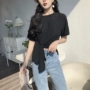 2018 mùa hè mới Hàn Quốc phiên bản của hoang dã vòng cổ tháp đầu không thường xuyên hem chữ thập thắt nút màu rắn ngắn tay T-Shirt phụ nữ áo phông ngắn tay