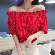 Một vai vai sọc dọc áo ngắn nữ 2018 mùa hè thời trang Hàn Quốc sexy eo quây ngắn tay áo triều