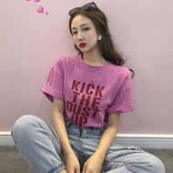Mùa hè 2018 mới tính khí hoang dã thời trang Sao thư màu hồng in lỏng ngắn tay cổ tròn T-Shirt áo sơ mi nữ áo phông ngắn tay