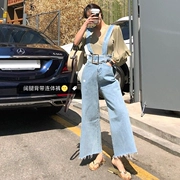 PPSHD! Mùa Thu Hàn Quốc thời trang retro cao eo băng rộng chân lỏng chân tóc denim wide side dây đeo jumpsuit phụ nữ