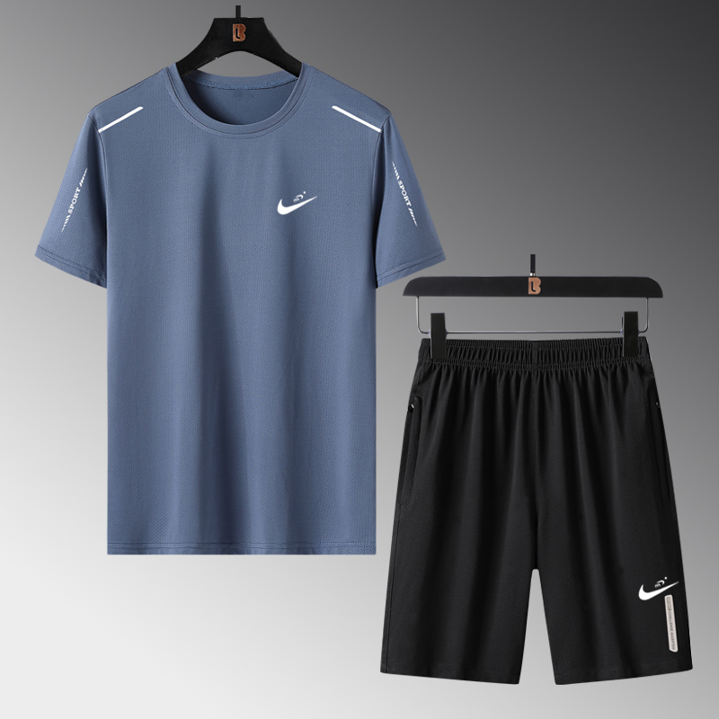 8812 Two Piece Haze Blue ShortsNike summer Ice silk leisure time Sports suit male run Short sleeve T-shirt Crew neck Quick drying shorts Three piece suit