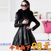 2019 mùa thu mới Hained leather nữ cáo lông cổ áo mới lông một bông xuống áo dài - Quần áo da