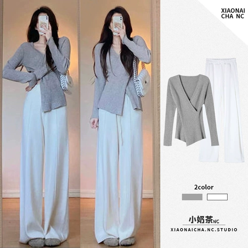 Осенний свитер, штаны, комплект, французский стиль, изысканный стиль, в западном стиле, подходит для подростков