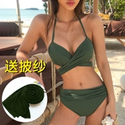 Bộ bikini mới Quân đội thép xanh hỗ trợ Lượm cốc gợi cảm nâng ngực cá tính Bow Tie Chia áo tắm nữ