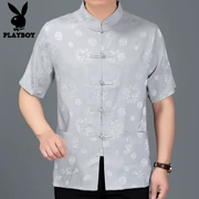 Playboy Trung Quốc phong cách đàn ông trung niên ngắn tay tang phù hợp với người đàn ông lụa Trung Quốc áo sơ mi quốc gia trang phục cha