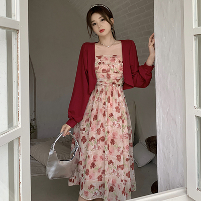 taobao agent Summer advanced retro dress, slip dress, set, for plus size ladies, high-quality style, bright catchy style, fitted, floral print