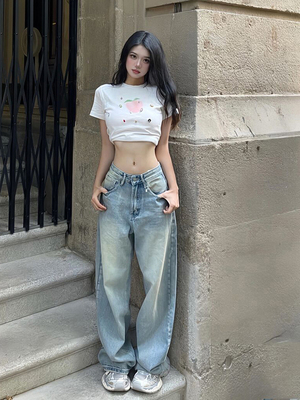taobao agent American hot girl light blue jeans female summer loose, thin, wild trousers low -waist water washing straight pants tide