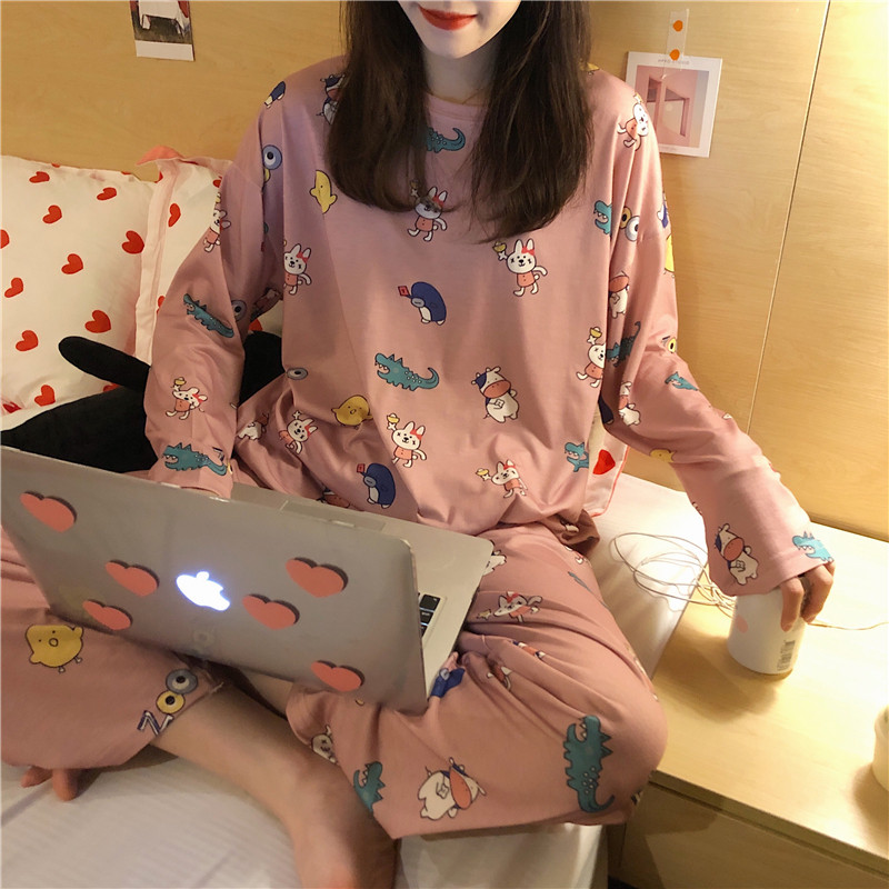 Bean Paste Crocodile Long Sleeve Setpajamas female autumn pure cotton Long sleeve Korean version fresh student autumn girl lovely Spring and Autumn leisure wear suit Thin