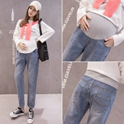 Quần bà bầu mùa thu 2019 mới thời trang cao eo co giãn thẳng quần denim bên ngoài mặc hoang dã mang bầu nâng bụng - Phụ nữ mang thai quần / quần bụng