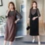 Váy bà bầu 2018 mùa thu mới phiên bản Hàn Quốc của quần nhung kẻ rộng dây buộc váy bà bầu chạm đáy áo hai dây phù hợp ao bau xiteen