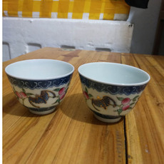 Чайная чашка 景德镇文革厂货陶瓷 青花斗彩手绘描金福寿图茶盅 二缸盅