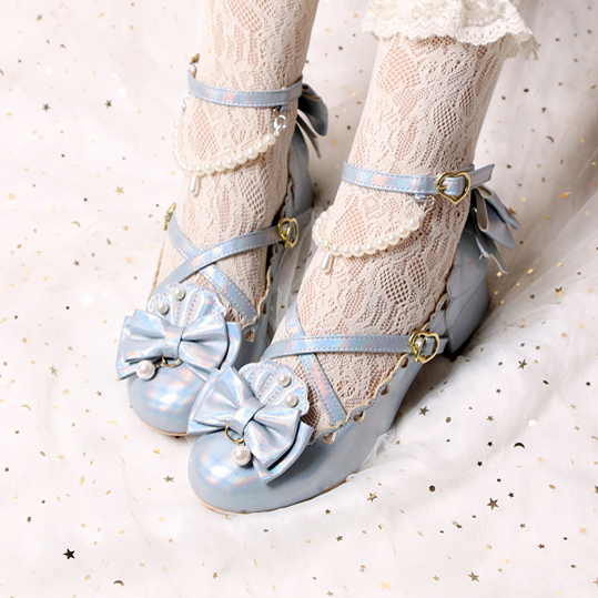 Laser Blue (In Stock)goods in stock dream Mermaid original Lolita solar system Sweet Round head Medium high heel Lolita shell Single shoes female Lo shoes