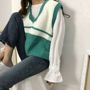 Cao đẳng gió mùa thu vest mới vest nữ Harajuku áo len retro V-Cổ lỏng ngắn len áo len