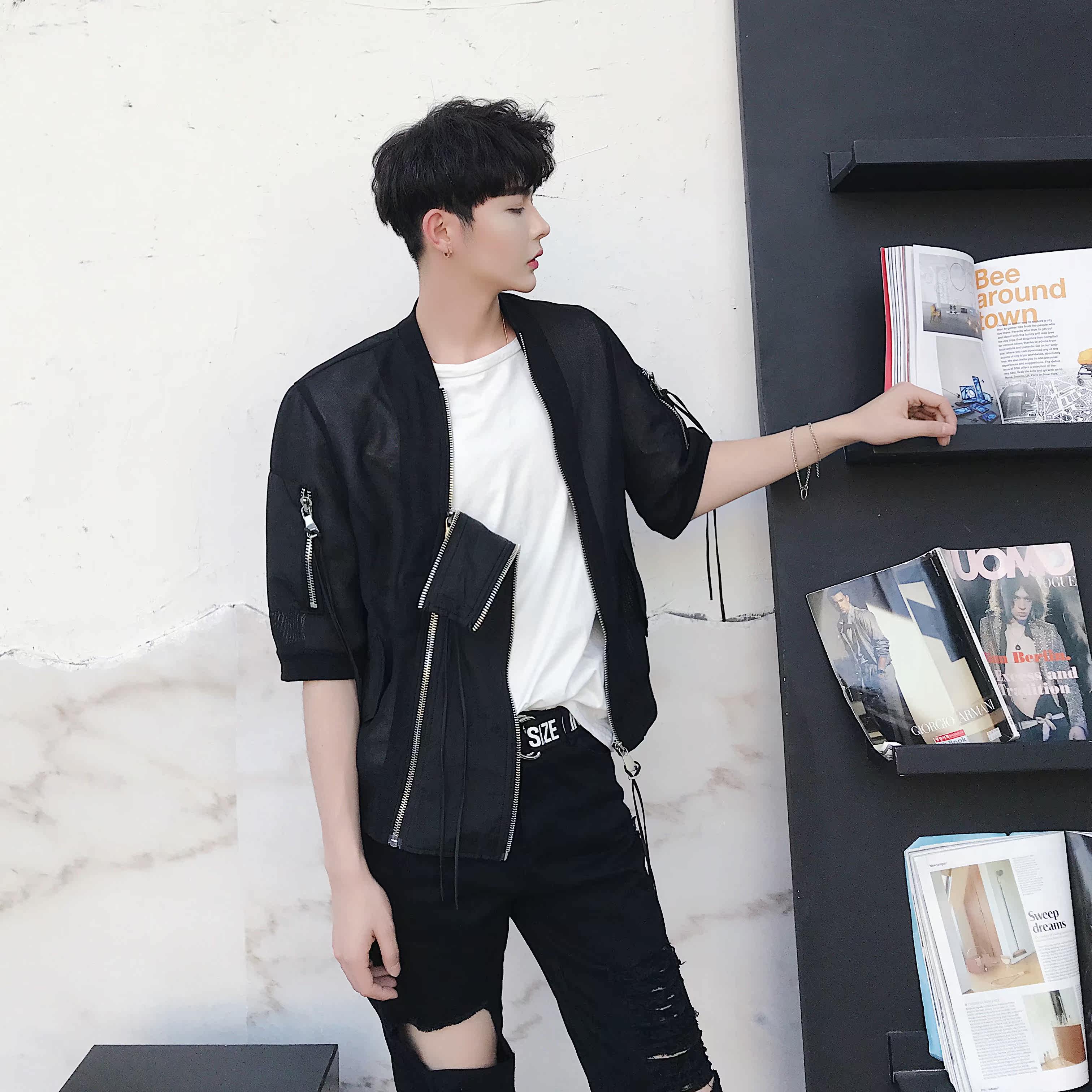 212-1-jk10-p98 透明镂空性感闷骚男多拉链薄防晒衣【已到大货】