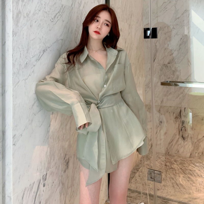 2020年夏装新款韩版chic防晒衬衫女宽松时尚系带长袖修身显瘦上衣