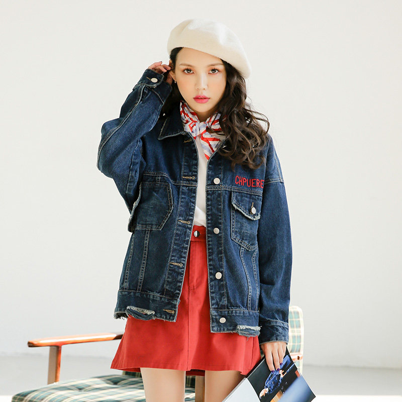 实拍牛仔外套女2019春款新款韩版宽松破洞磨边刺绣上衣牛仔衣8385