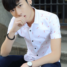 夏季新款韩版短袖衬衫男修身型休闲个性羽毛衬衣学生潮上衣