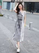 Váy 2019 mới của phụ nữ mùa hè sọc eo phổ biến váy chéo khâu áo sơ mi váy dài thủy triều - Váy eo cao