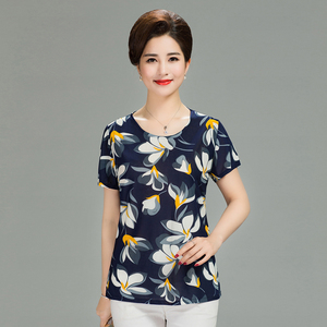 Mùa hè mới trung niên của phụ nữ ngắn tay t- shirt mẹ nạp kích thước lớn mỏng mỏng in ngắn áo sơ mi mỏng