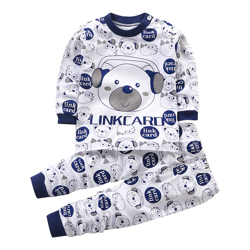 A016 Blue Headsetchildren Autumn clothes suit pure cotton Spring and Autumn Children's wear men and women baby Children Autumn clothes Autumn trousers baby pajamas leisure wear