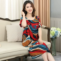 Váy nữ mùa hè ngắn tay rayon rộng kích thước váy ngủ phụ nữ trung niên mặc đồ ngủ mẹ mặc dịch vụ tại nhà - Đêm đầm đầm ngủ 2 dây