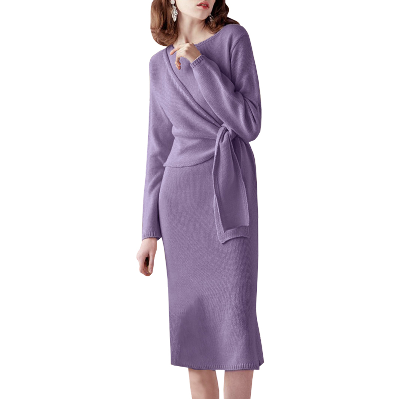 假两件紫色长袖针织连衣裙女秋装2018新款中