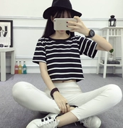 Áo thun ngắn tay nữ rộng rãi Học sinh Hàn Quốc mùa hè hoang dã Phụ nữ ngắn phần áo thun cổ tròn rốn nữ mới - Cộng với kích thước quần áo
