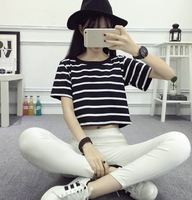 Áo thun ngắn tay nữ rộng rãi Học sinh Hàn Quốc mùa hè hoang dã Phụ nữ ngắn phần áo thun cổ tròn rốn nữ mới - Cộng với kích thước quần áo quần jean nữ cao cấp
