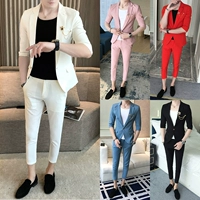 Ngắn tay phù hợp với phù hợp với nam Hàn Quốc phiên bản của Slim đẹp trai thời trang hộp đêm thời trang barber cắt quần tay áo phù hợp với áo thun nam