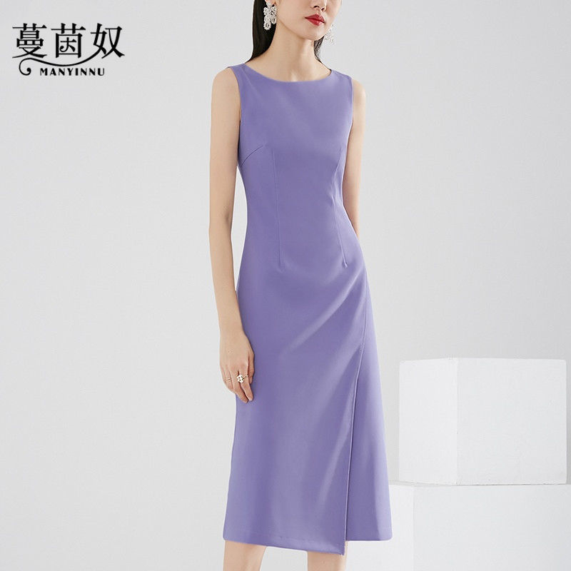 2022春夏新款设计感职业ol气质圆领无袖背心裙子包臀紫色连衣裙女